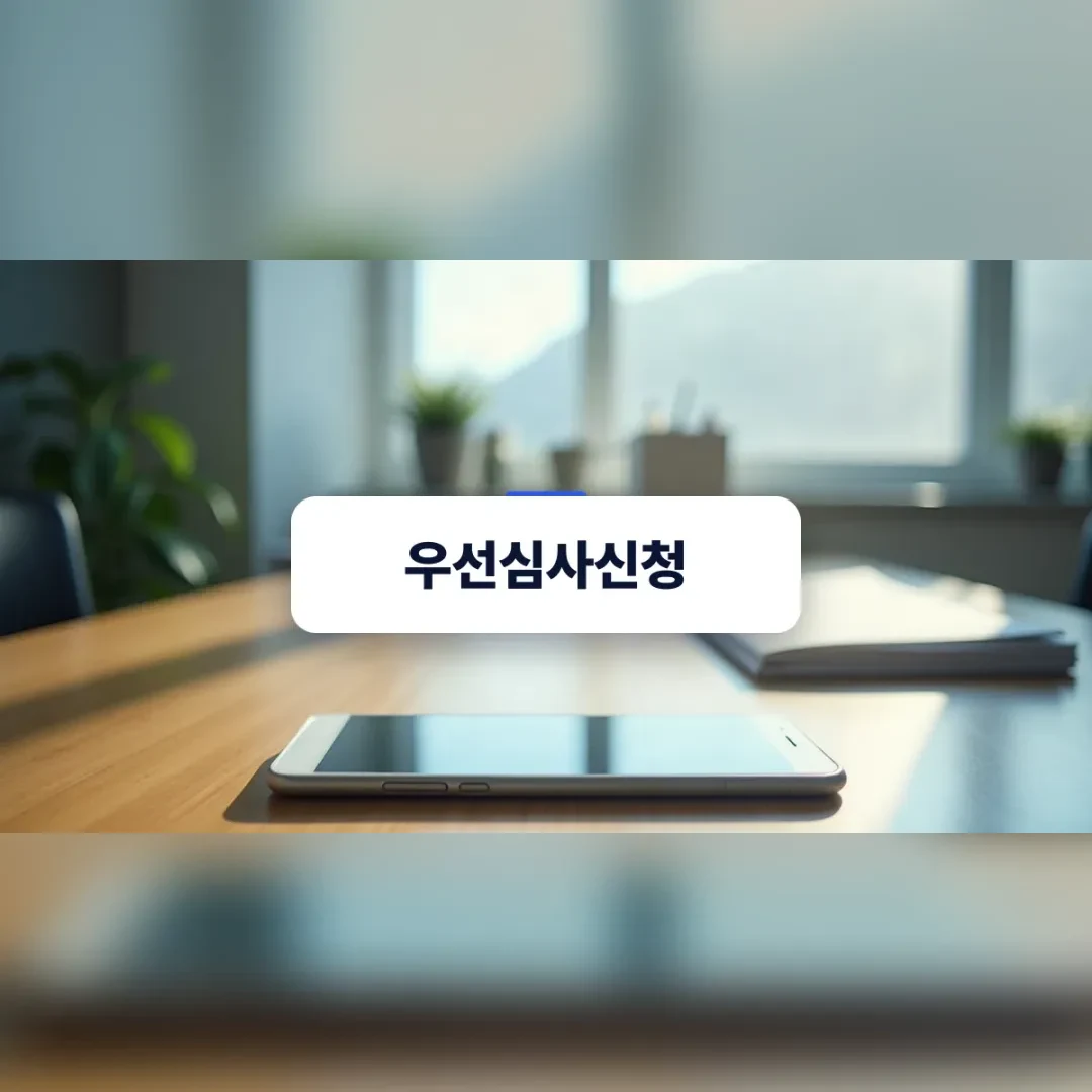 우선심사신청 — 창가 원목 책상 위에 놓인 태블릿과 노트