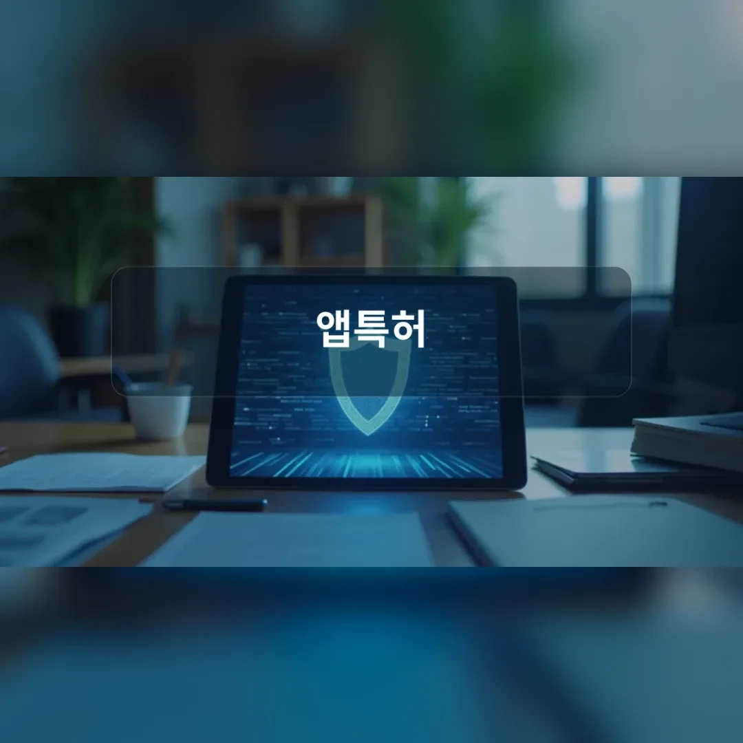 앱특허 — 책상 위 방패 문양이 떠 있는 태블릿 화면