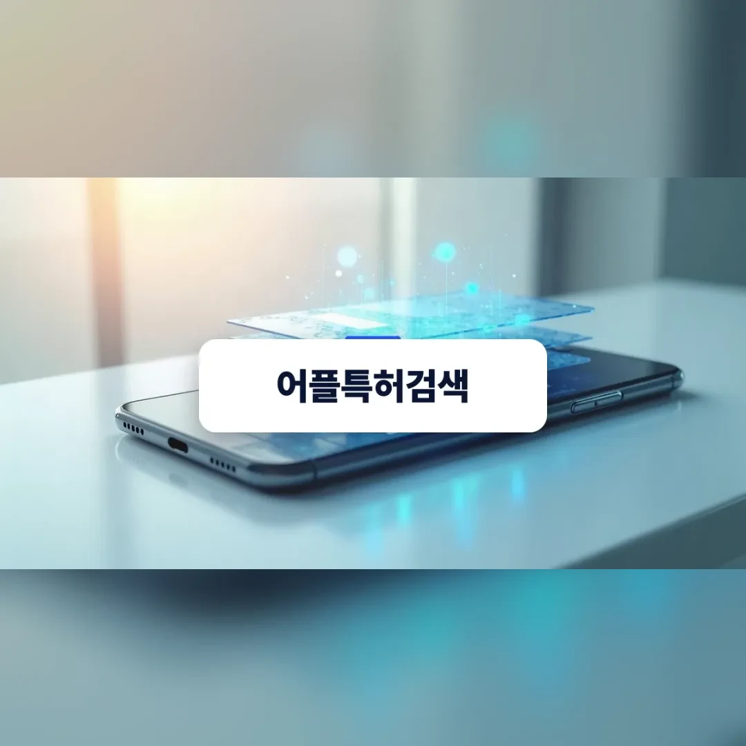 어플특허검색 — 흰 책상 위 스마트폰 위로 떠오른 푸른 빛의 화면 조각