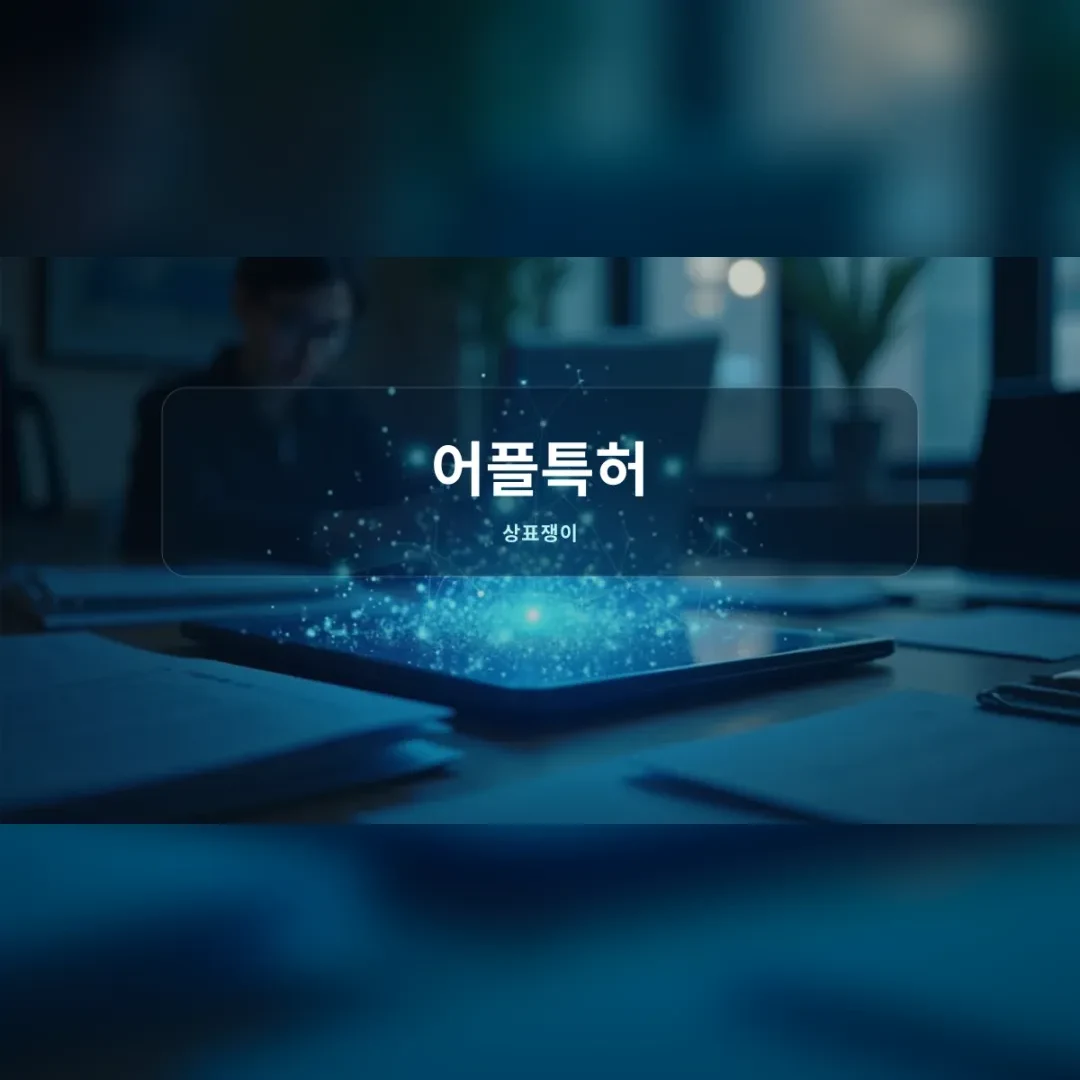 어플특허 — 어두운 책상 위 태블릿에서 퍼져 나오는 푸른 빛 입자