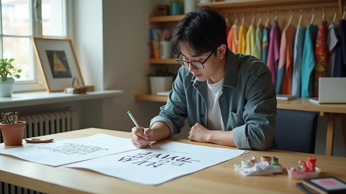 스튜디오에서 브랜드 상표 도안을 비교 검토하는 한국인 사업가