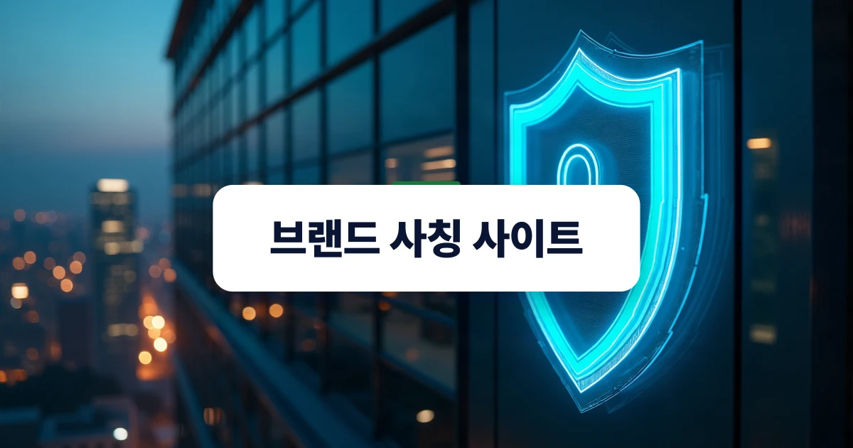 브랜드 사칭 사이트 — 한국 기업 건물을 감싸는 투명한 보호막과 상표권 보안 이미지