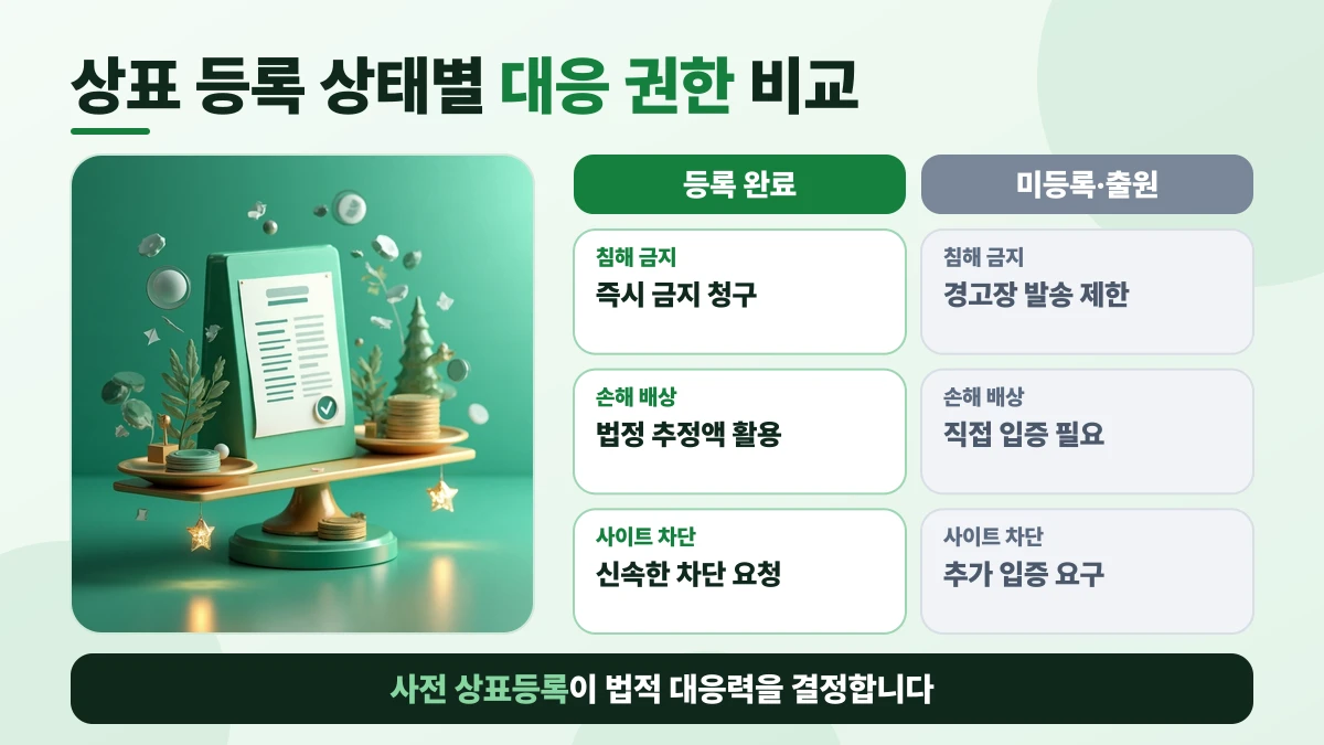 상표 등록 상태별 대응 권한 비교: 침해 금지은 등록 완료 즉시 금지 청구, 미등록·출원 경고장 발송 제한; 손해 배상은 등록 완료 법정 추정액 활용, 미등록·출원 직접 입증 필요; 사이트 차단은 등록 완료 신속한 차단 요청, 미등록·출원 추가 입증 요구. 사전 상표등록이 법적 대응력을 결정합니다