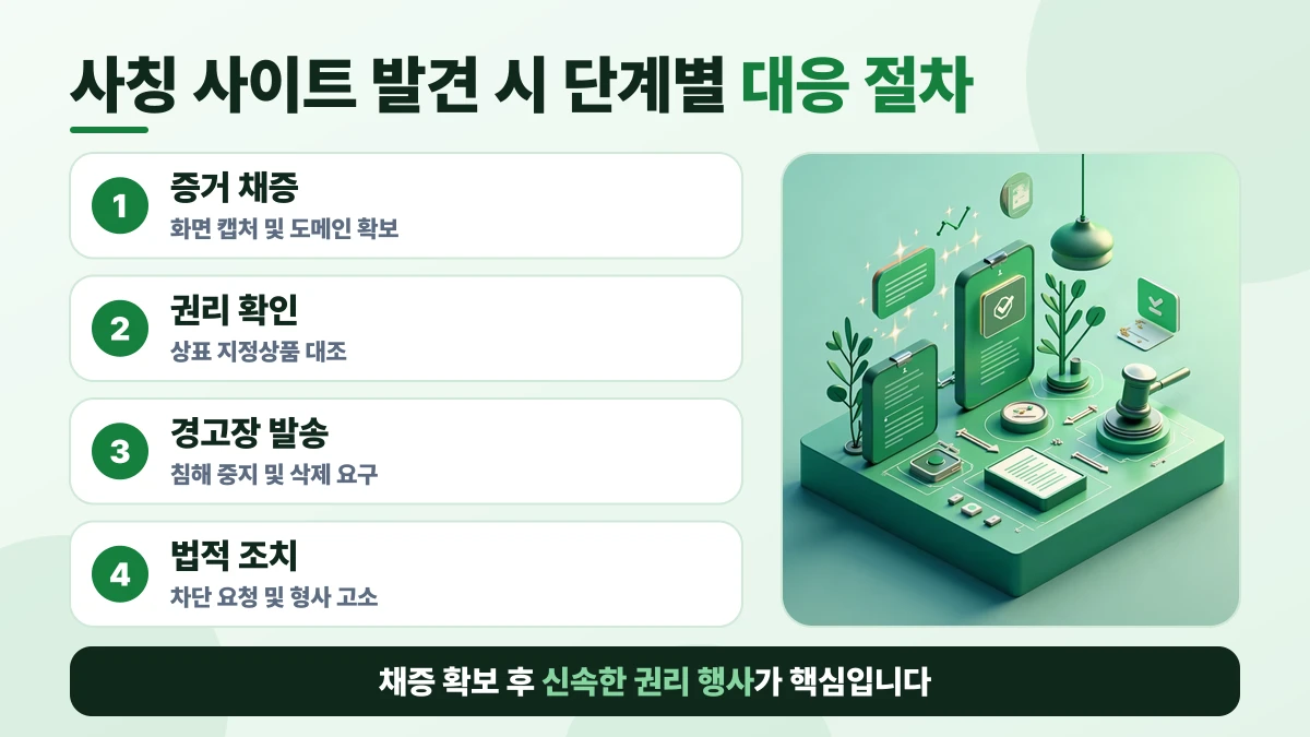사칭 사이트 발견 시 단계별 대응 절차 도표: 증거 채증, 권리 확인, 경고장 발송, 법적 조치. 채증 확보 후 신속한 권리 행사가 핵심입니다