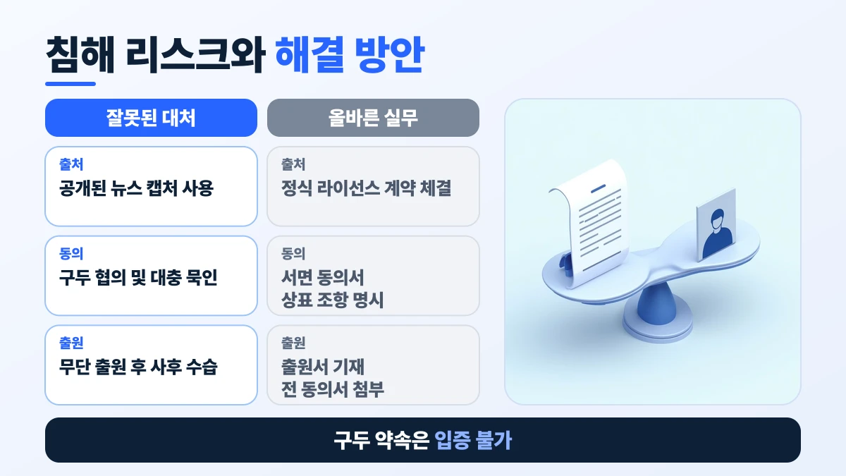 침해 리스크와 해결 방안 비교표: 출처은 잘못된 대처 공개된 뉴스 캡처 사용, 올바른 실무 정식 라이선스 계약 체결; 동의은 잘못된 대처 구두 협의 및 대충 묵인, 올바른 실무 서면 동의서 상표 조항 명시; 출원은 잘못된 대처 무단 출원 후 사후 수습, 올바른 실무 출원서 기재 전 동의서 첨부. 구두 약속은 입증 불가
