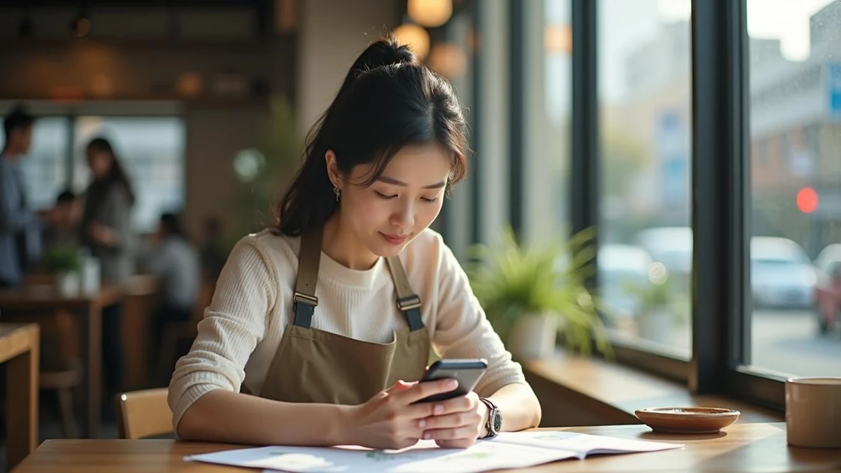 카페 매장에서 브랜드 명칭을 검토하는 한국인 사업자