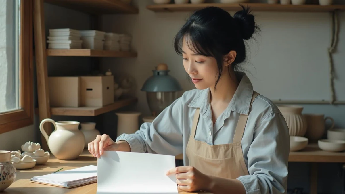 공방에서 상호와 브랜드 상표 등록 서류를 검토하는 한국인 사업자