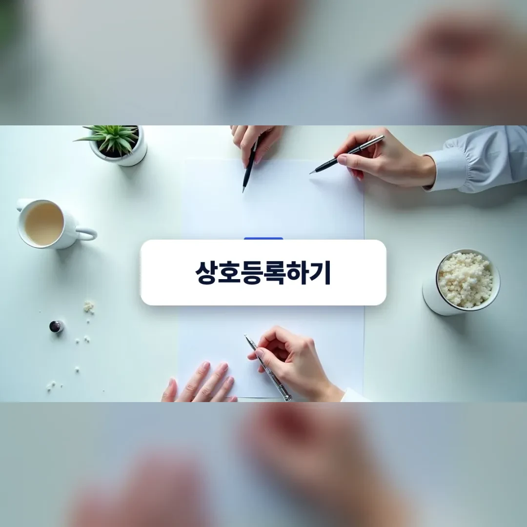 상호등록하기 — 흰 종이 위에 펜으로 서명하는 두 손과 커피잔