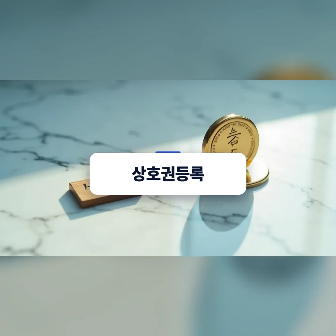 상호권등록 — 흰 대리석 위에 세워진 금색 인장과 나무 도장