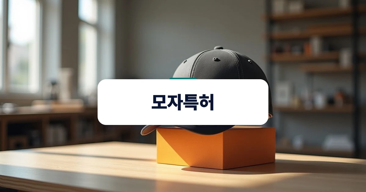 모자특허 — 디자인 작업실 목재 받침대 위에 올려진 기능성 모자의 챙 구조와 원단 상세 모습