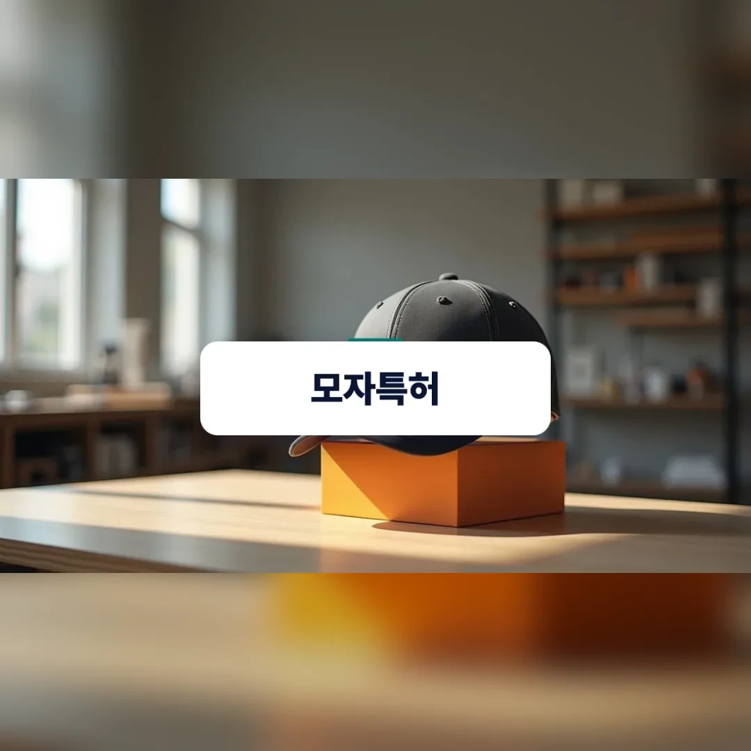 모자특허 — 디자인 작업실 목재 받침대 위에 올려진 기능성 모자의 챙 구조와 원단 상세 모습
