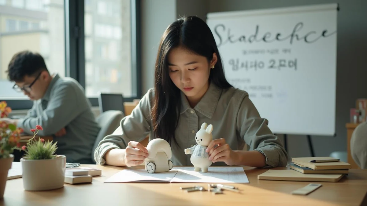 작업실에서 캐릭터 완구 시안을 비교 검토하고 있는 한국인 디자이너