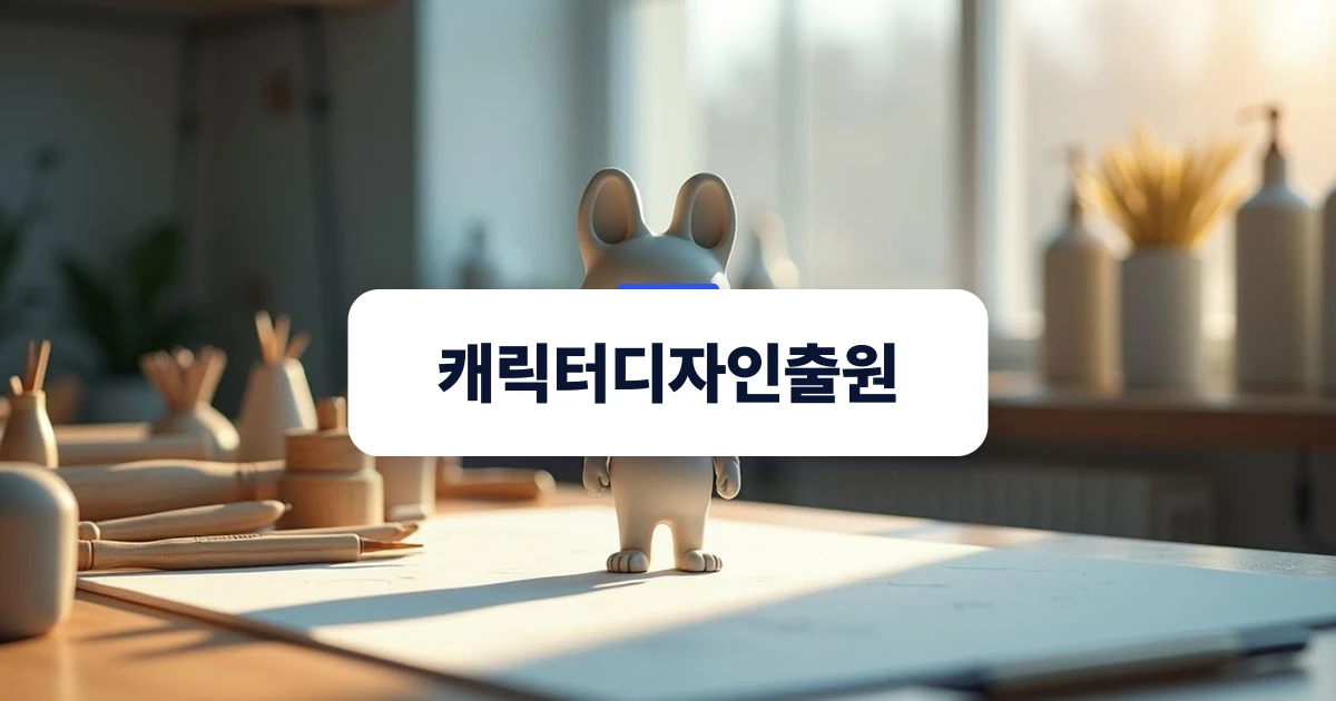 캐릭터디자인출원 — 작업대 위에 놓인 동물 마스코트 점토 시제품과 제도 도구