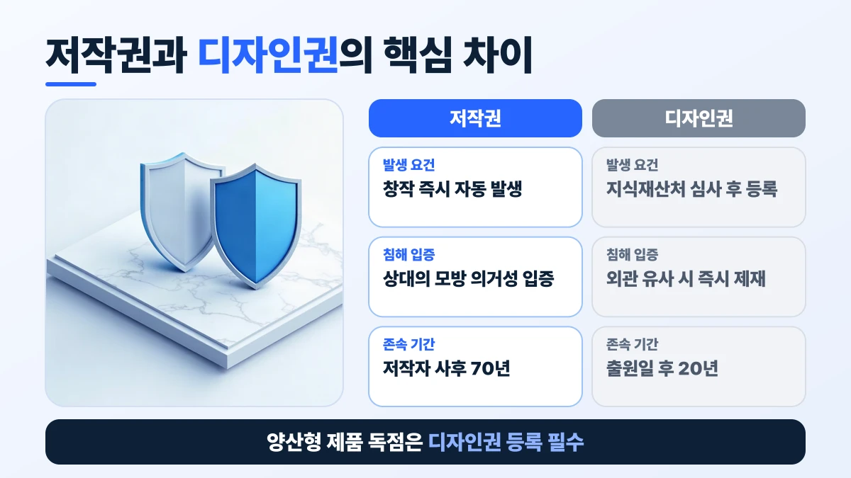 저작권과 디자인권의 핵심 차이 비교표: 발생 요건은 저작권 창작 즉시 자동 발생, 디자인권 지식재산처 심사 후 등록; 침해 입증은 저작권 상대의 모방 의거성 입증, 디자인권 외관 유사 시 즉시 제재; 존속 기간은 저작권 저작자 사후 70년, 디자인권 출원일 후 20년. 양산형 제품 독점은 디자인권 등록 필수