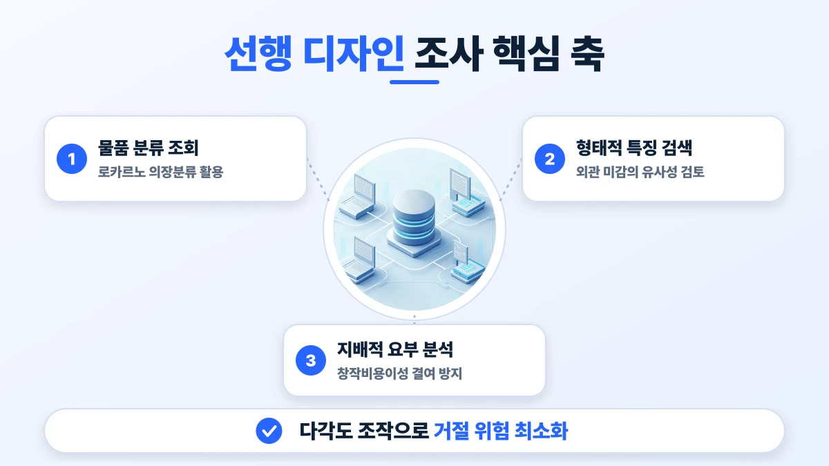 선행 디자인 조사 핵심 축 도표: 물품 분류 조회, 형태적 특징 검색, 지배적 요부 분석. 다각도 조작으로 거절 위험 최소화