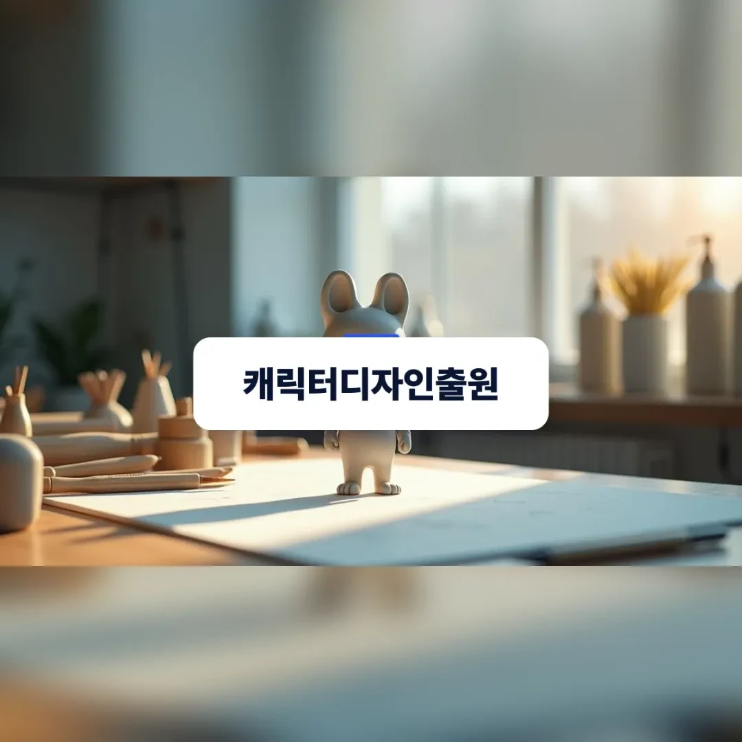 캐릭터디자인출원 — 작업대 위에 놓인 동물 마스코트 점토 시제품과 제도 도구