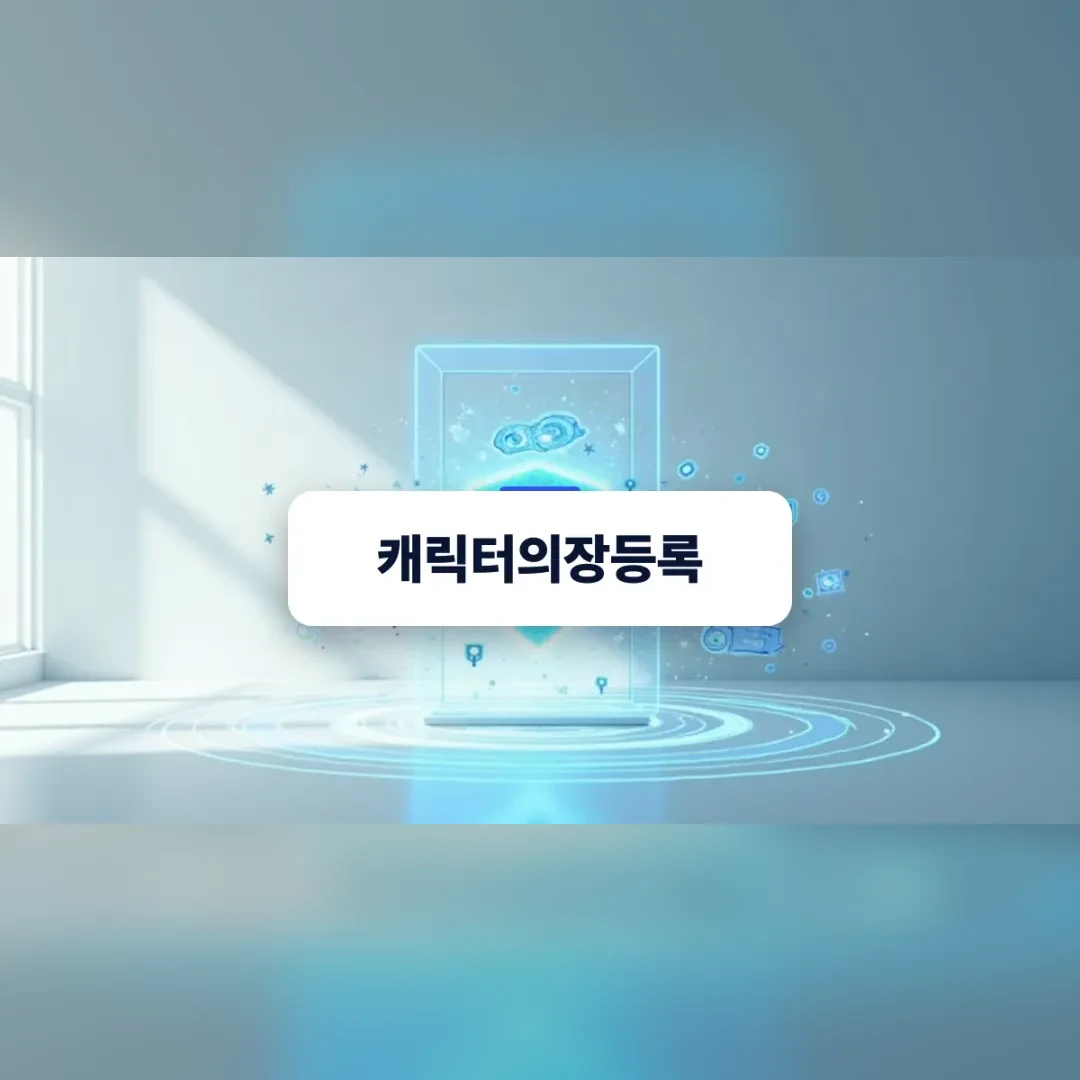 캐릭터의장등록 — 밝은 탁자 위 빛나는 투명 패널과 푸른 아이콘