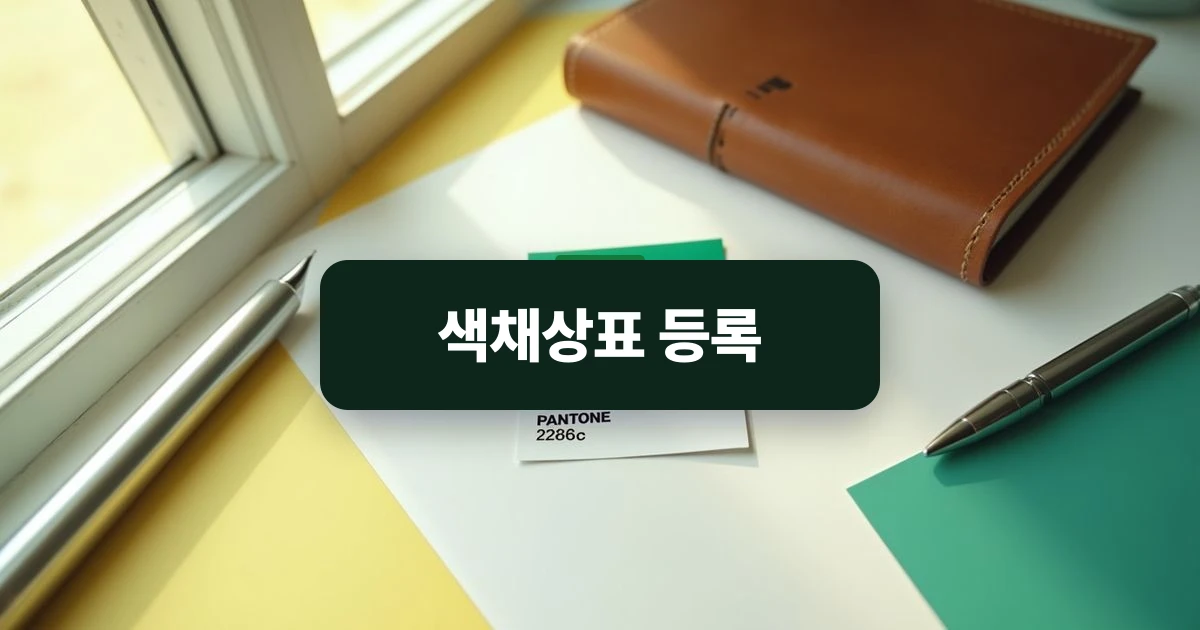 색채상표 등록 — 책상 위 중앙에 놓인 녹색 팬톤 색상 카드와 전문적인 필기구