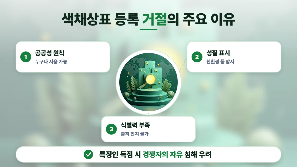 색채상표 등록 거절의 주요 이유 도표: 공공성 원칙, 성질 표시, 식별력 부족. 특정인 독점 시 경쟁자의 자유 침해 우려