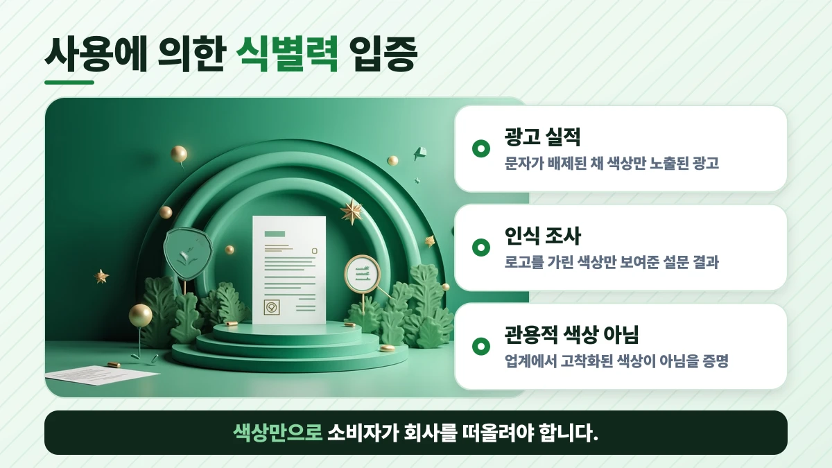 사용에 의한 식별력 입증 도표: 광고 실적, 인식 조사, 관용적 색상 아님. 색상만으로 소비자가 회사를 떠올려야 합니다