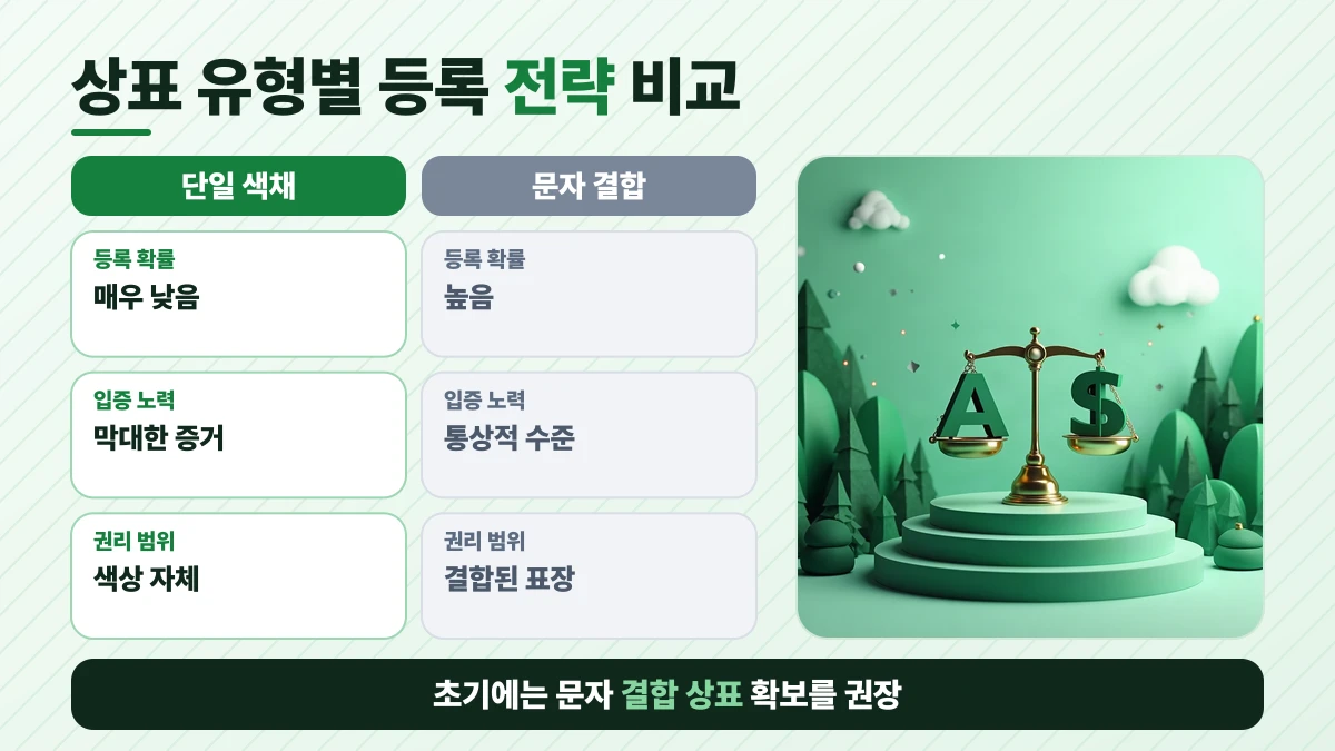 상표 유형별 등록 전략 비교: 등록 확률은 단일 색채 매우 낮음, 문자 결합 높음; 입증 노력은 단일 색채 막대한 증거, 문자 결합 통상적 수준; 권리 범위은 단일 색채 색상 자체, 문자 결합 결합된 표장. 초기에는 문자 결합 상표 확보를 권장