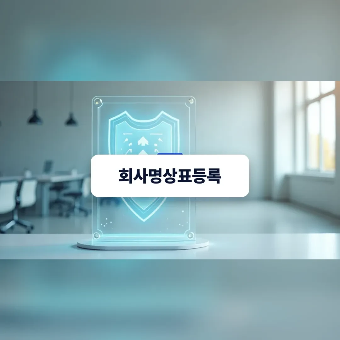 회사명상표등록 — 밝은 사무실 탁자 위 방패 문양의 투명 아크릴 판