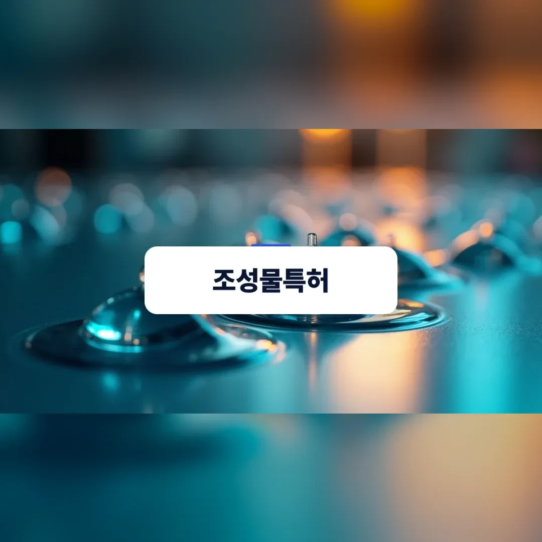 조성물특허 — 푸른 조명 아래 물방울이 맺힌 유리 표면