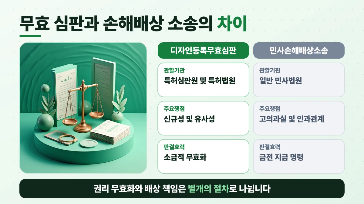 무효 심판과 손해배상 소송의 차이 비교표: 관할기관은 디자인등록무효심판 특허심판원 및 특허법원, 민사손해배상소송 일반 민사법원; 주요쟁점은 디자인등록무효심판 신규성 및 유사성, 민사손해배상소송 고의과실 및 인과관계; 판결효력은 디자인등록무효심판 소급적 무효화, 민사손해배상소송 금전 지급 명령. 권리 무효화와 배상 책임은 별개의 절차로 나뉩니다