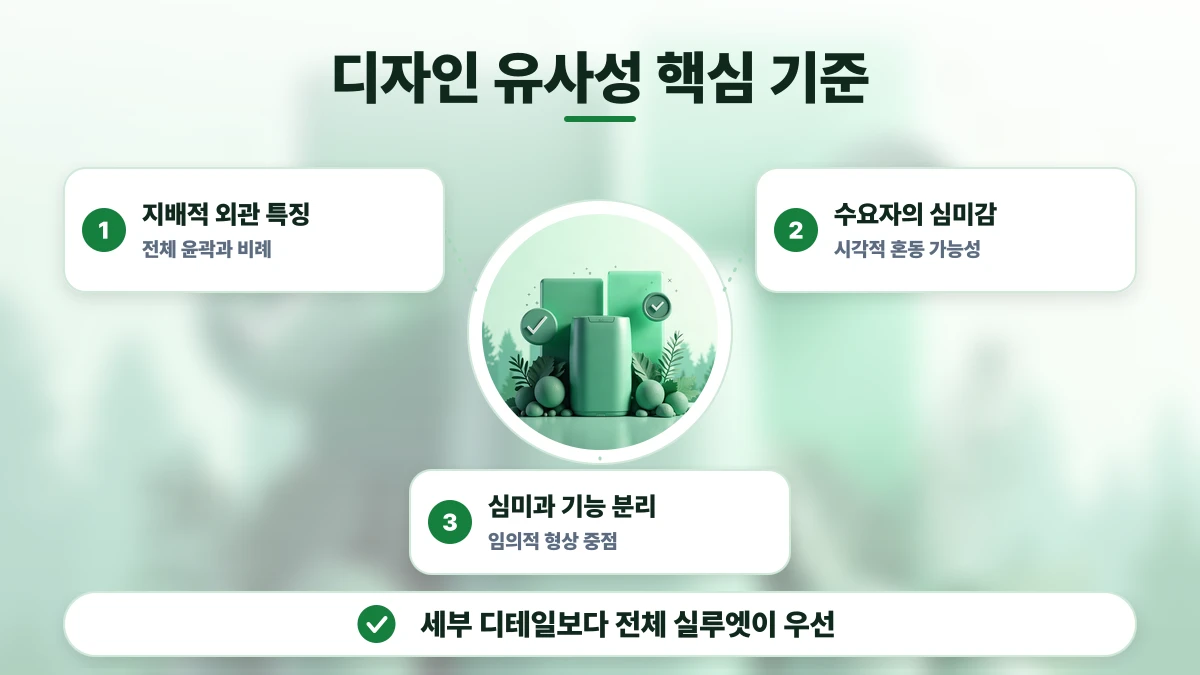 디자인 유사성 핵심 기준 도표: 지배적 외관 특징, 수요자의 심미감, 심미과 기능 분리. 세부 디테일보다 전체 실루엣이 우선