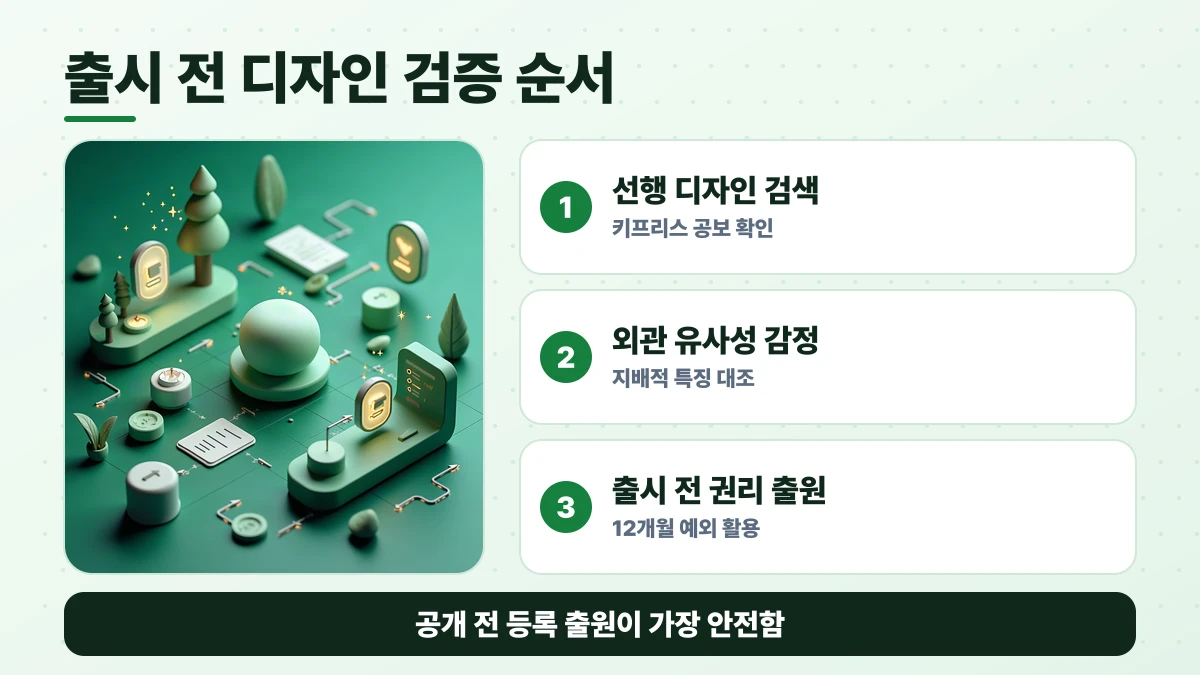 출시 전 디자인 검증 순서 도표: 선행 디자인 검색, 외관 유사성 감정, 출시 전 권리 출원. 공개 전 등록 출원이 가장 안전함