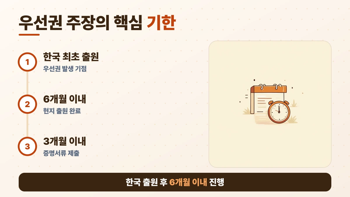 우선권 주장의 핵심 기한 도표: 한국 최초 출원, 6개월 이내, 3개월 이내. 한국 출원 후 6개월 이내 진행
