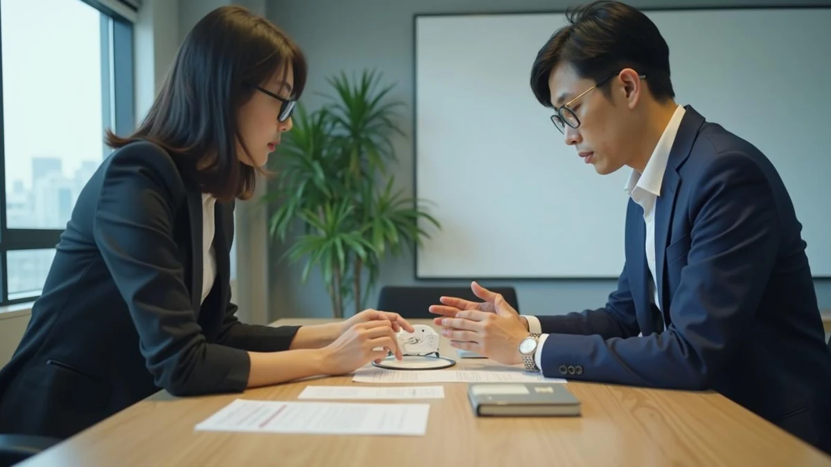 회의실에서 제품 시제품을 가운데 두고 우선심사 전략을 논의하는 한국인 전문직원들