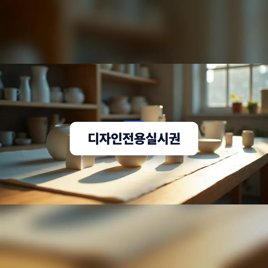 디자인전용실시권 — 원목 작업대 위에 정갈하게 놓인 한국 도자기 제품 프로토타입과 자연광 그림자