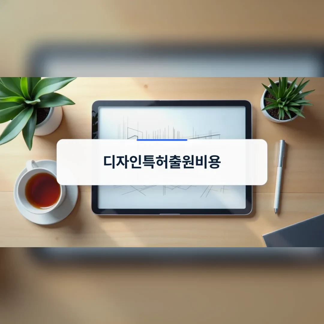 디자인특허출원비용 검토를 위한 미니멀한 책상 위 태블릿과 도면 스케치