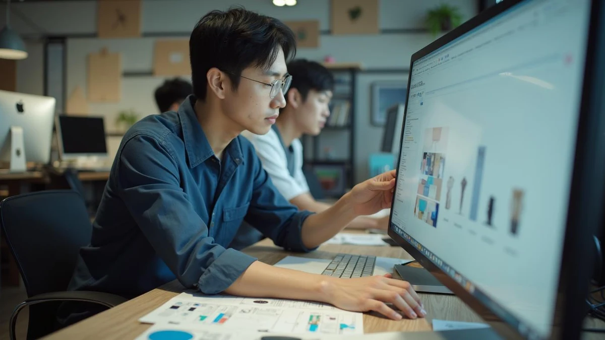 컴퓨터를 통해 선행디자인 조사를 수행하고 있는 한국인 제품 디자이너의 모습