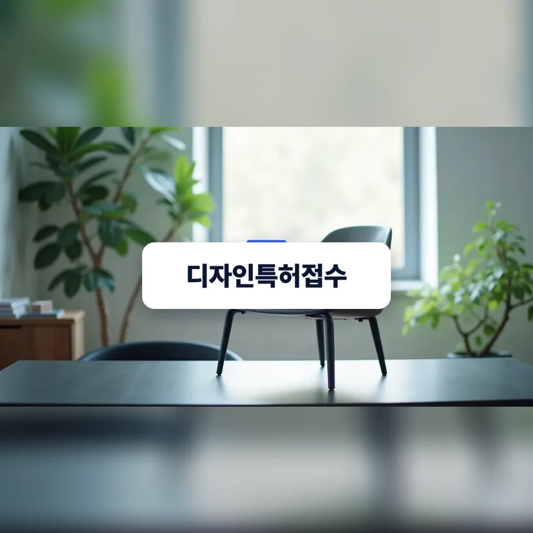 디자인특허접수 — 창가 책상 앞 검은 의자와 화분이 놓인 작업 공간