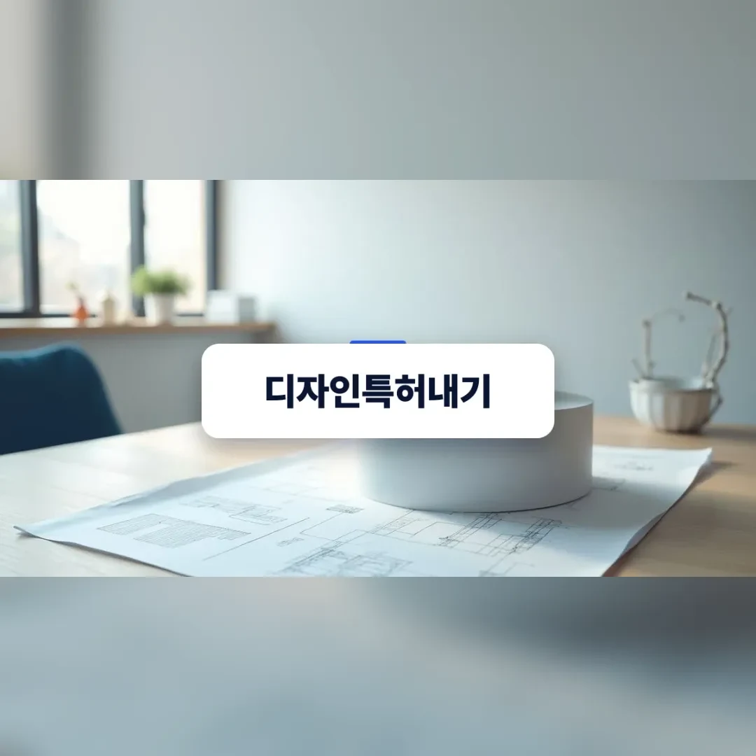 디자인특허내기 — 원목 책상 위 도면과 흰 원통형 시제품