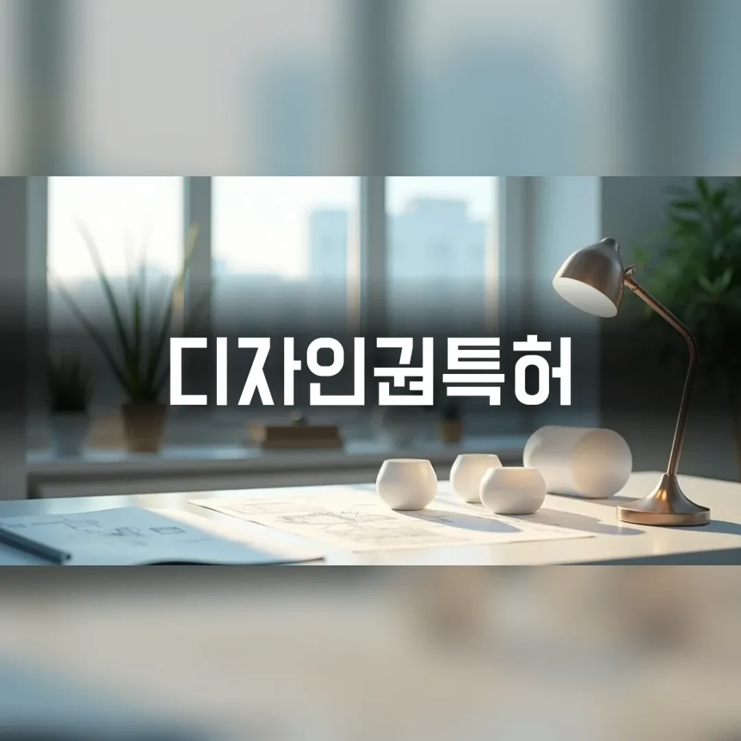 디자인권특허 — 창가 책상 위의 도면과 흰 도자기 오브제, 스탠드 조명