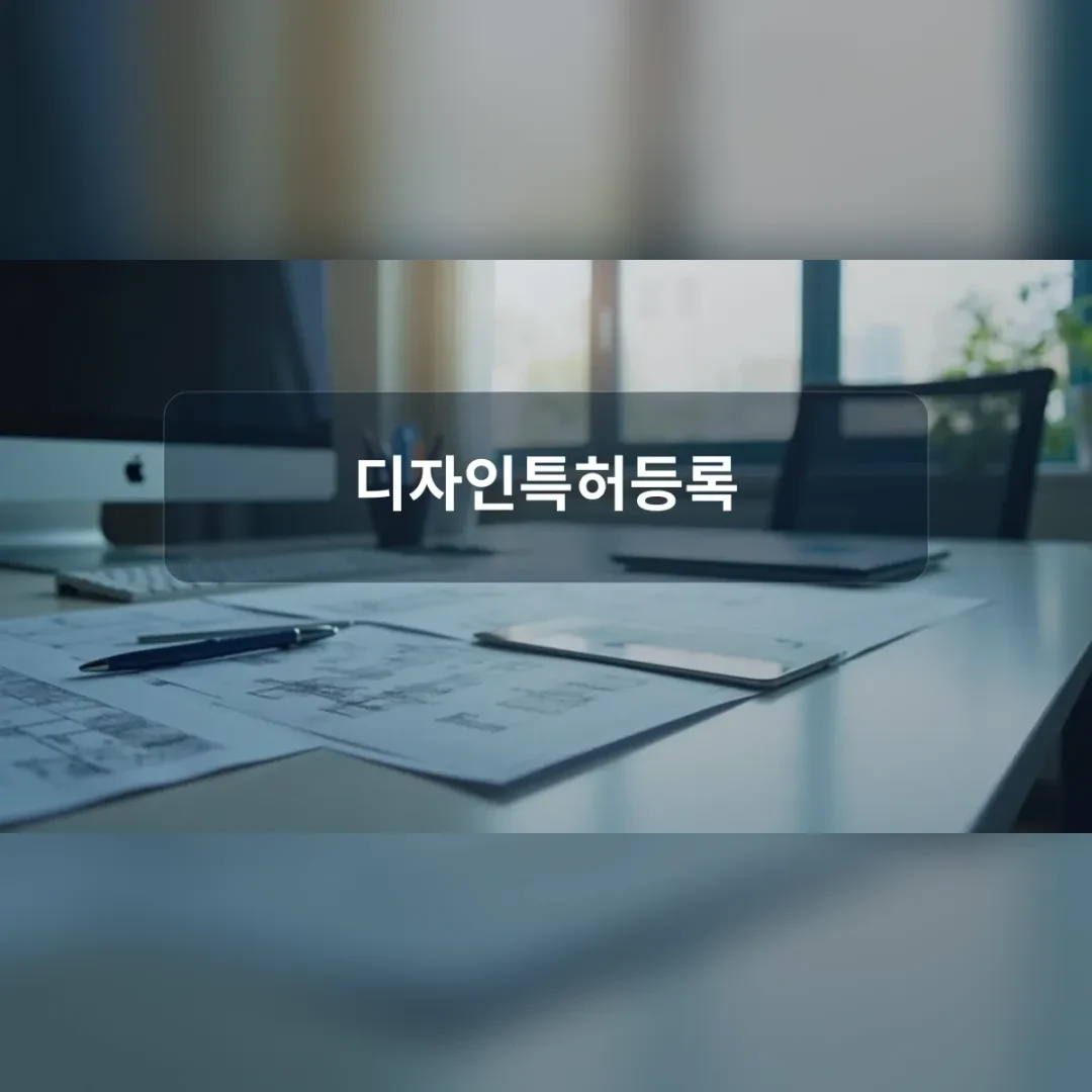 디자인특허등록 — 어두운 책상 위에 펼쳐진 도면과 펜
