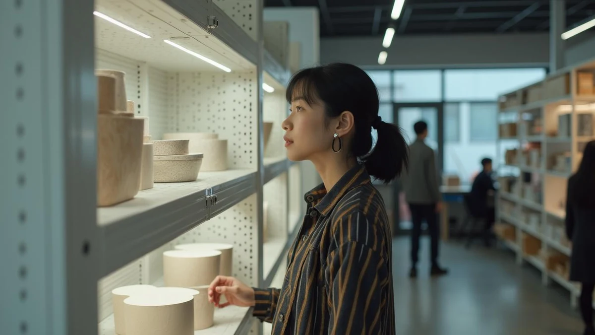 스튜디오 진열대 앞에서 제품 외관 형상을 살펴보고 있는 한국인 디자이너
