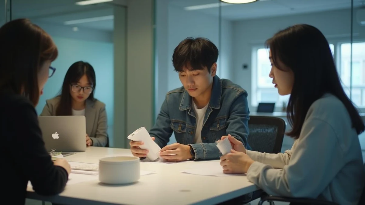 회의실에서 신제품의 외관 디자인을 면밀히 점검 중인 한국인 창업자
