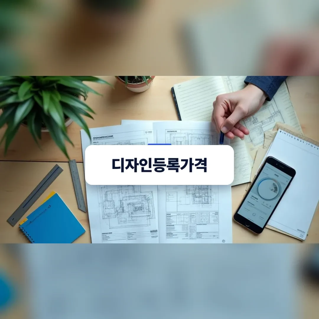 디자인등록가격 — 원목 책상 위 도면과 노트, 스마트폰을 보는 손