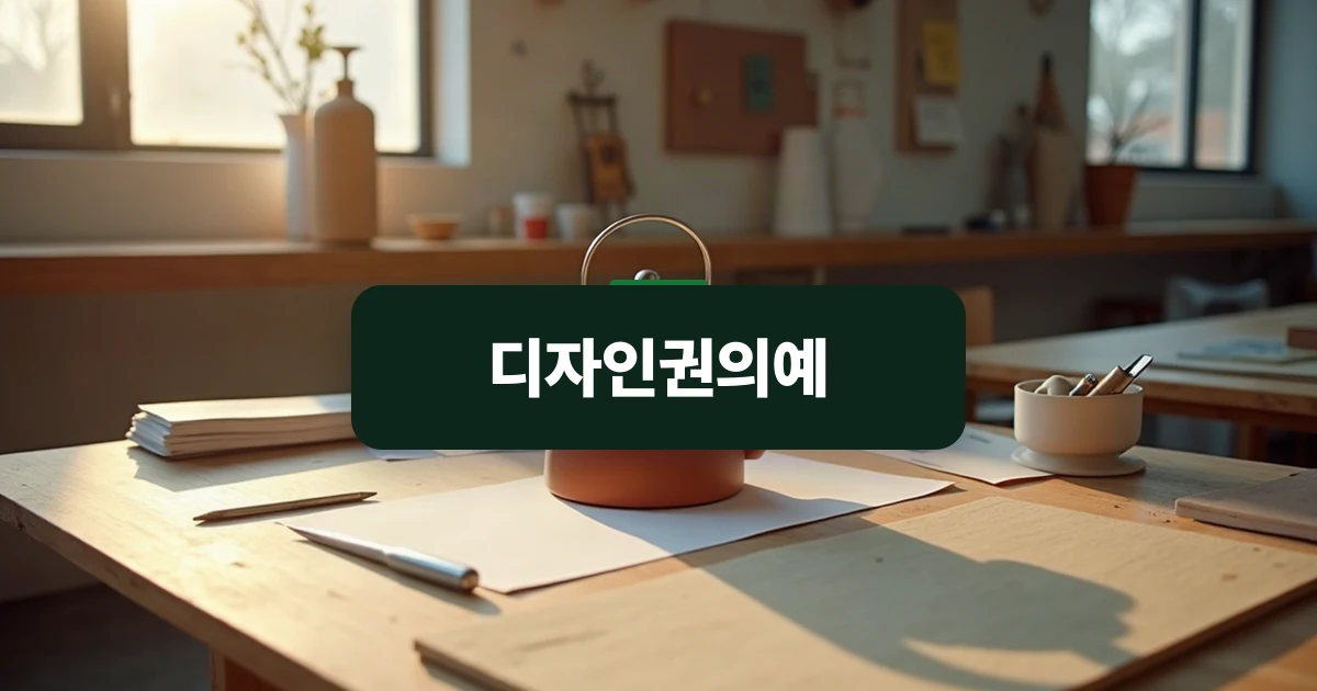 디자인권의예 — 작업대 중앙에 놓인 세라믹 재질 주전자 시제품과 정밀 측정 도구들