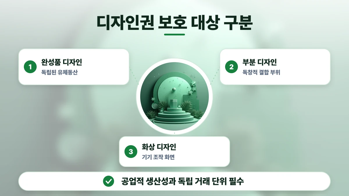 디자인권 보호 대상 구분 도표: 완성품 디자인, 부분 디자인, 화상 디자인. 공업적 생산성과 독립 거래 단위 필수