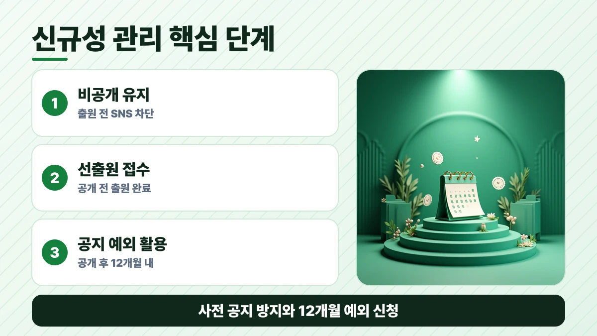 신규성 관리 핵심 단계 도표: 비공개 유지, 선출원 접수, 공지 예외 활용. 사전 공지 방지와 12개월 예외 신청