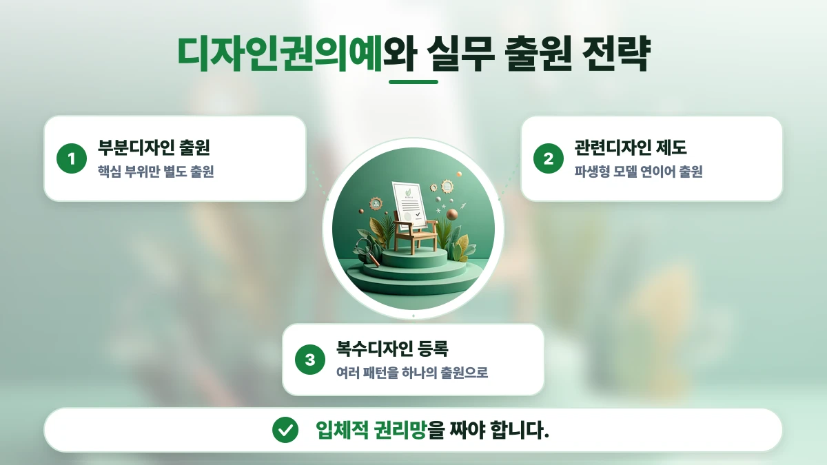 디자인권의예와 실무 출원 전략 도표: 부분디자인 출원, 관련디자인 제도, 복수디자인 등록. 입체적 권리망을 짜야 합니다