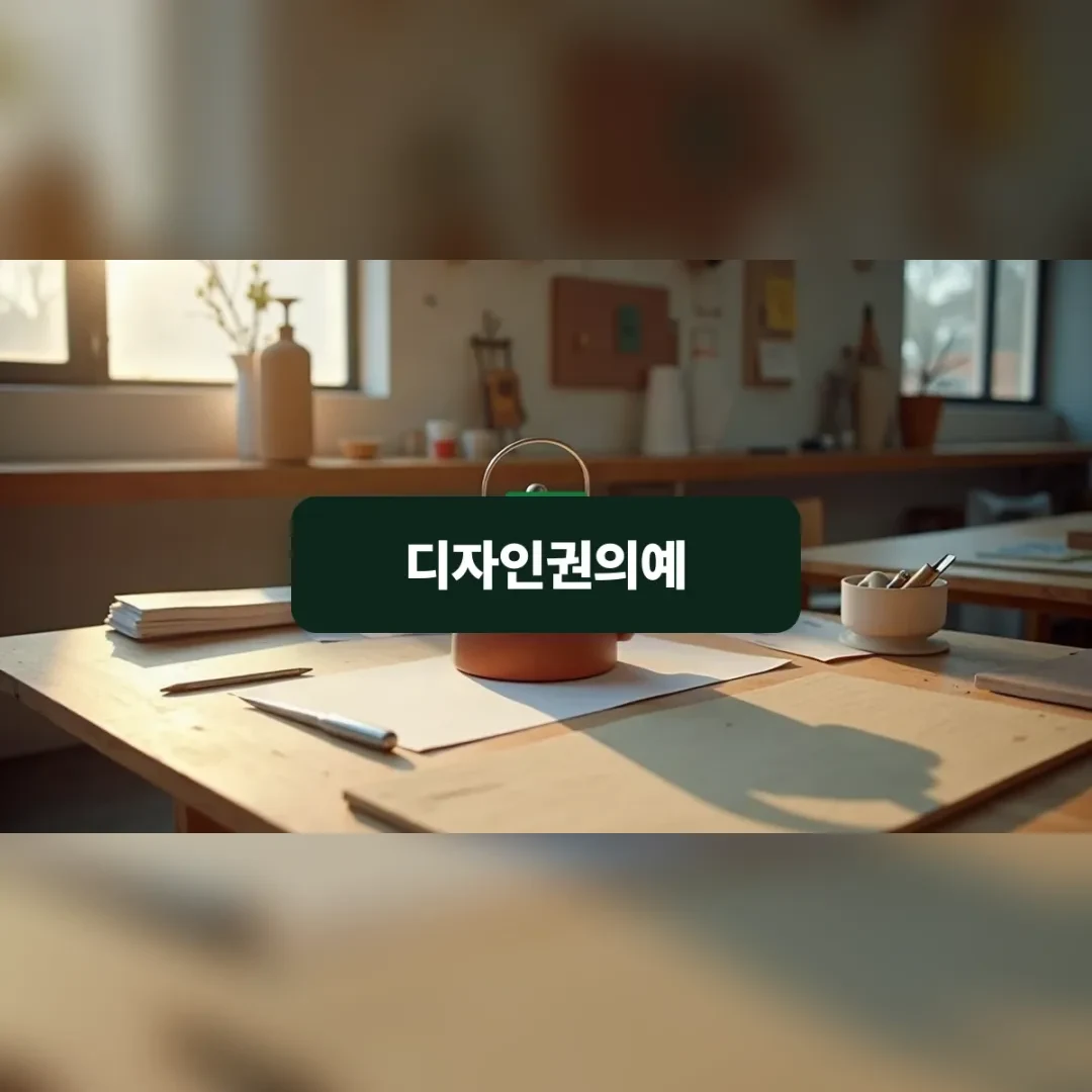 디자인권의예 — 작업대 중앙에 놓인 세라믹 재질 주전자 시제품과 정밀 측정 도구들