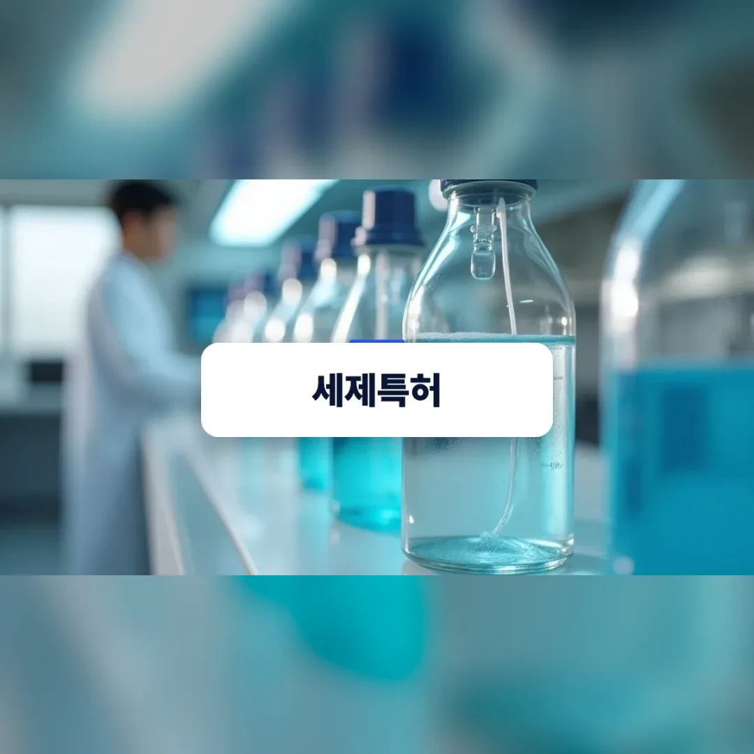 세제특허 — 실험실에서 일하는 연구원 앞 푸른 액체 유리병