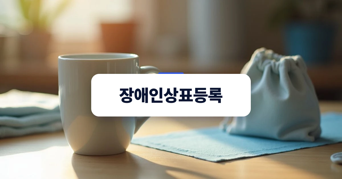장애인상표등록 — 따뜻한 아침 햇살이 비치는 복지 작업장 작업대 위에 놓인 도자기 머그잔과 패브릭 소품