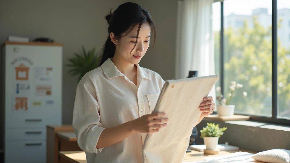자연광이 드는 작업실에서 완성된 직물 제품의 자수 로고 부분을 살피는 한국인 여성 기획자